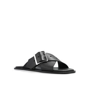 NWT Loewe Women’s Petal Belt Leather Sandals — Black Flat Leather Slide Sandals